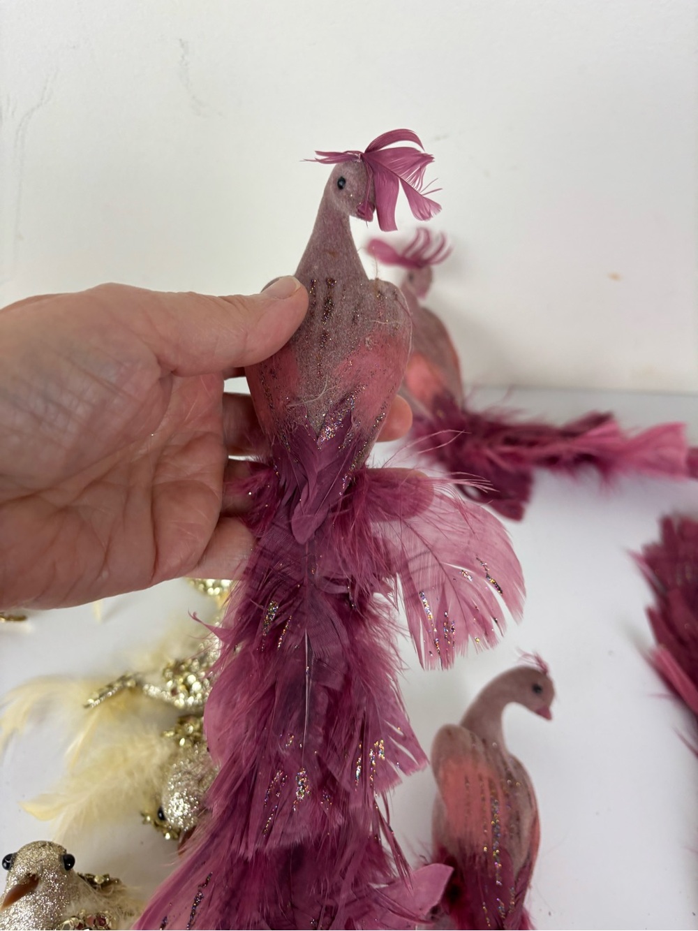 VTG Decorative Feathered & Glass Bird Ornaments - Gold, Cream & Burgundy-14pc - Picture 12 of 16